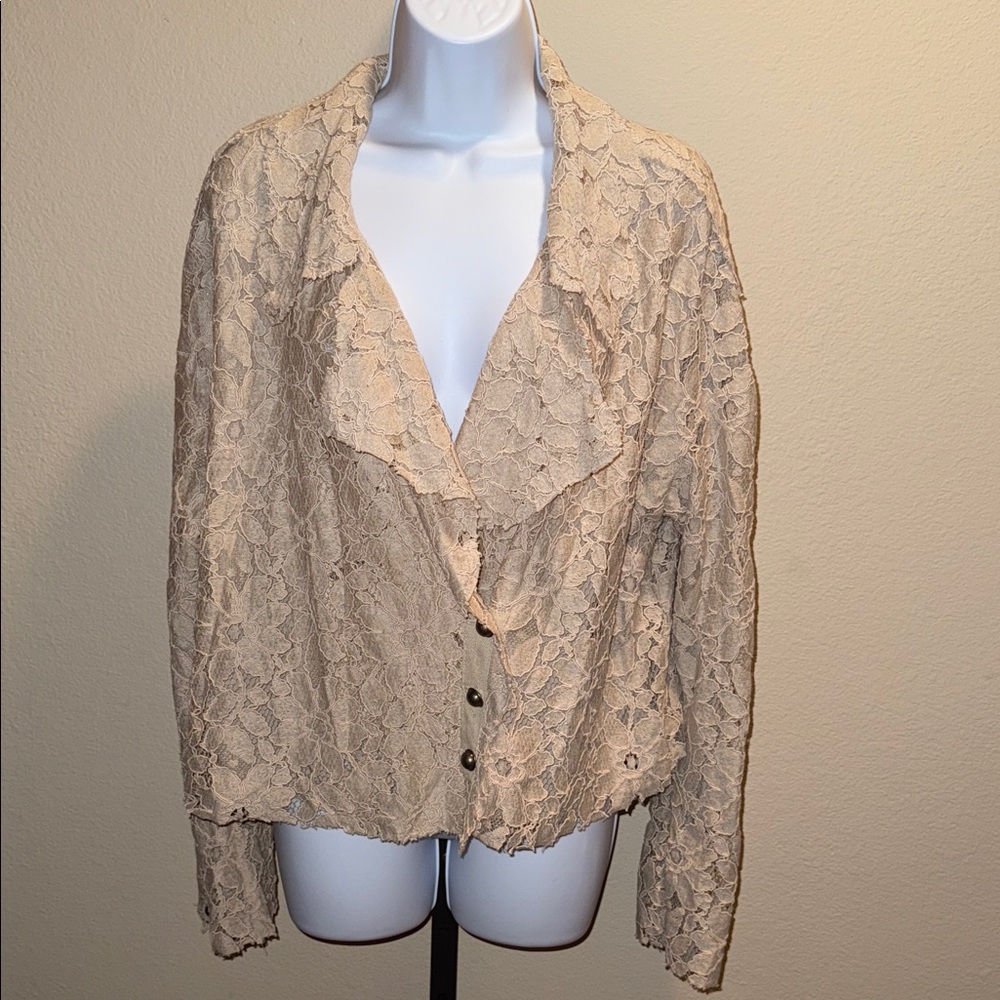 Free People Boho Oversize Amelia Lace Button Up Jacket Cream Tan Women’s Size L
